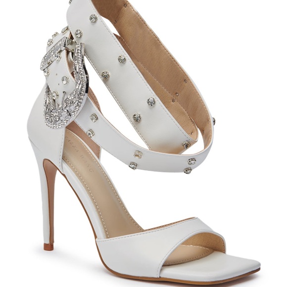 White Rhinestone Buckle Strap Stiletto Sandals - Picture 6 of 12